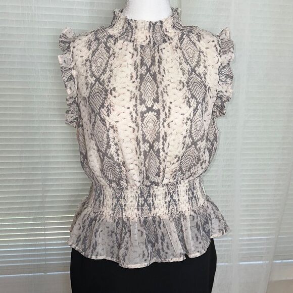 Japna L Ivory Gray Mock Neck Sleeveless Ruffle Animal Print Peplum Blouse - Picture 1 of 11
